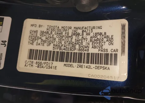 2013 Toyota Corolla S from USA, damaged, VIN 5YFBU4EE8DP186648